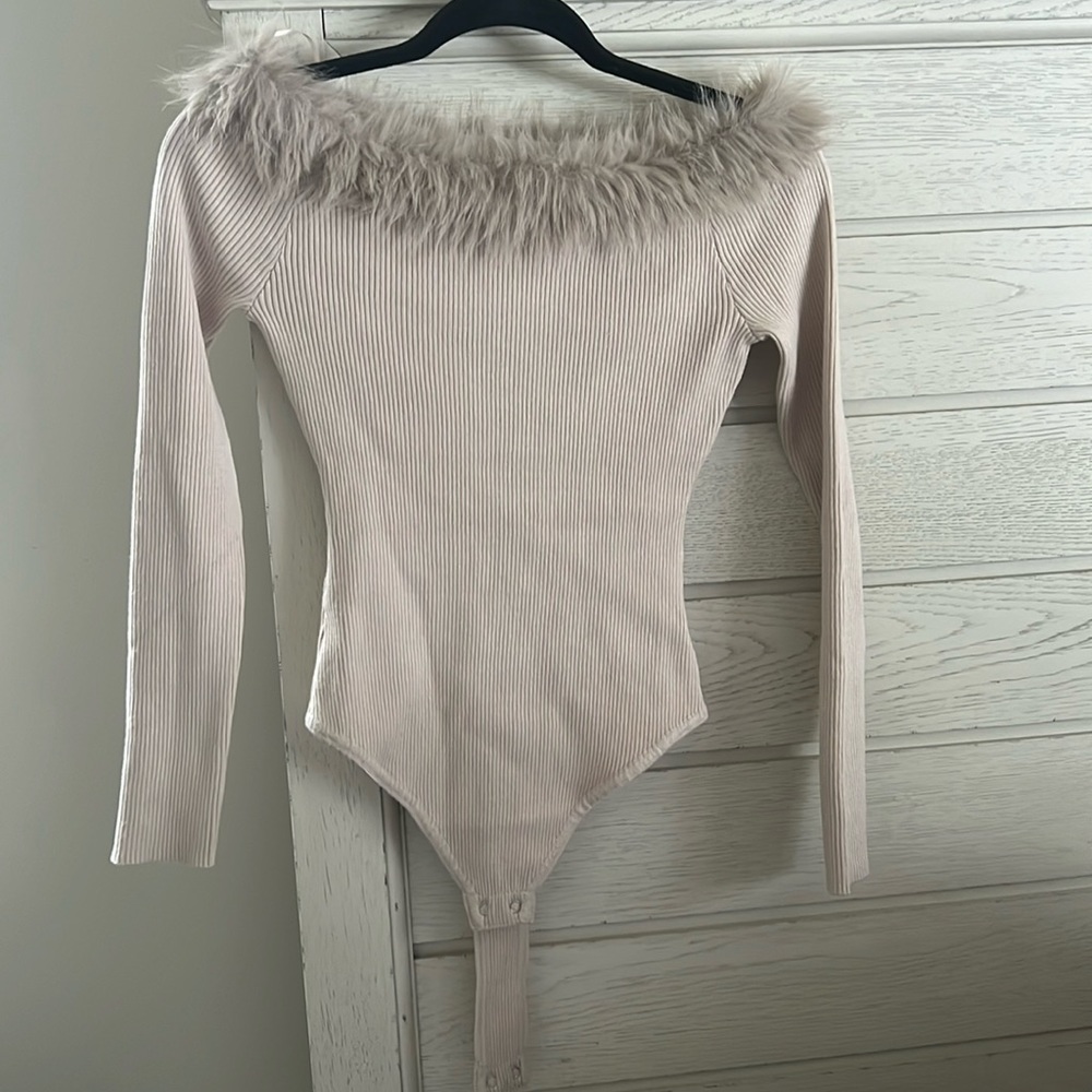 Vegan Fur Off Shoulder Sweater Top Beige